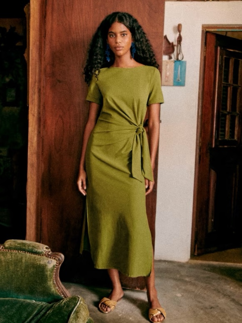 Olive Green Midi Tie-Waist Dress